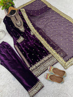 Prazu Fashion Purple Viscose Velvet Embroidered Sequins Salwar Suit - Distacart