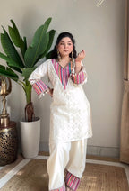 Prazu Fashion Off White Khadi Cotton Schiffli Work Co-Ord Set - Distacart