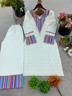 Prazu Fashion Off White Khadi Cotton Schiffli Work Co-Ord Set - Distacart