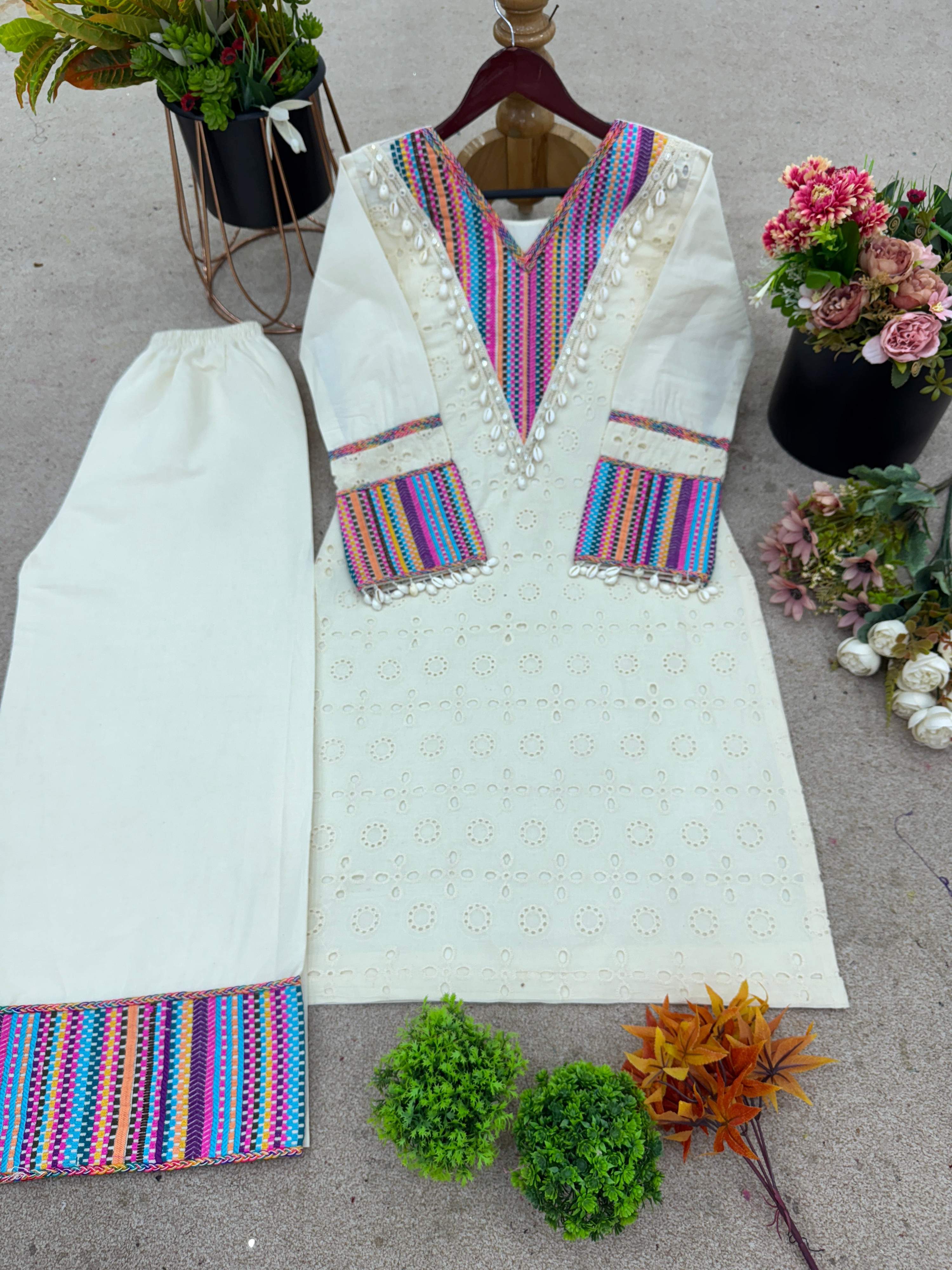 Prazu Fashion Off White Khadi Cotton Schiffli Work Co-Ord Set - Distacart
