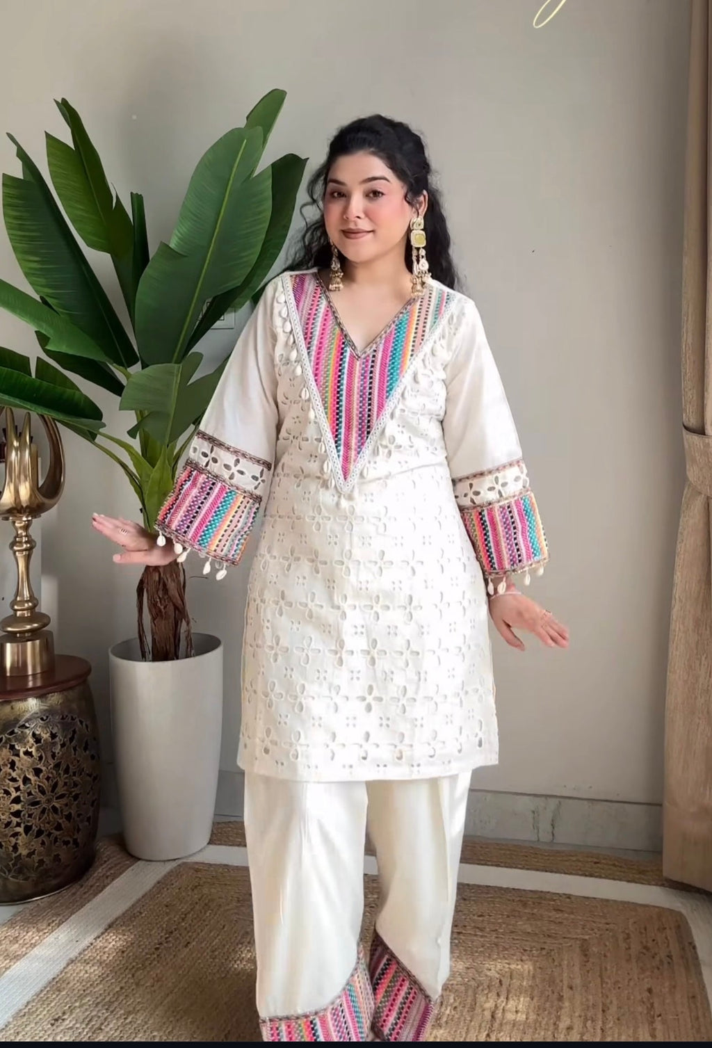 Prazu Fashion Off White Khadi Cotton Schiffli Work Co-Ord Set - Distacart