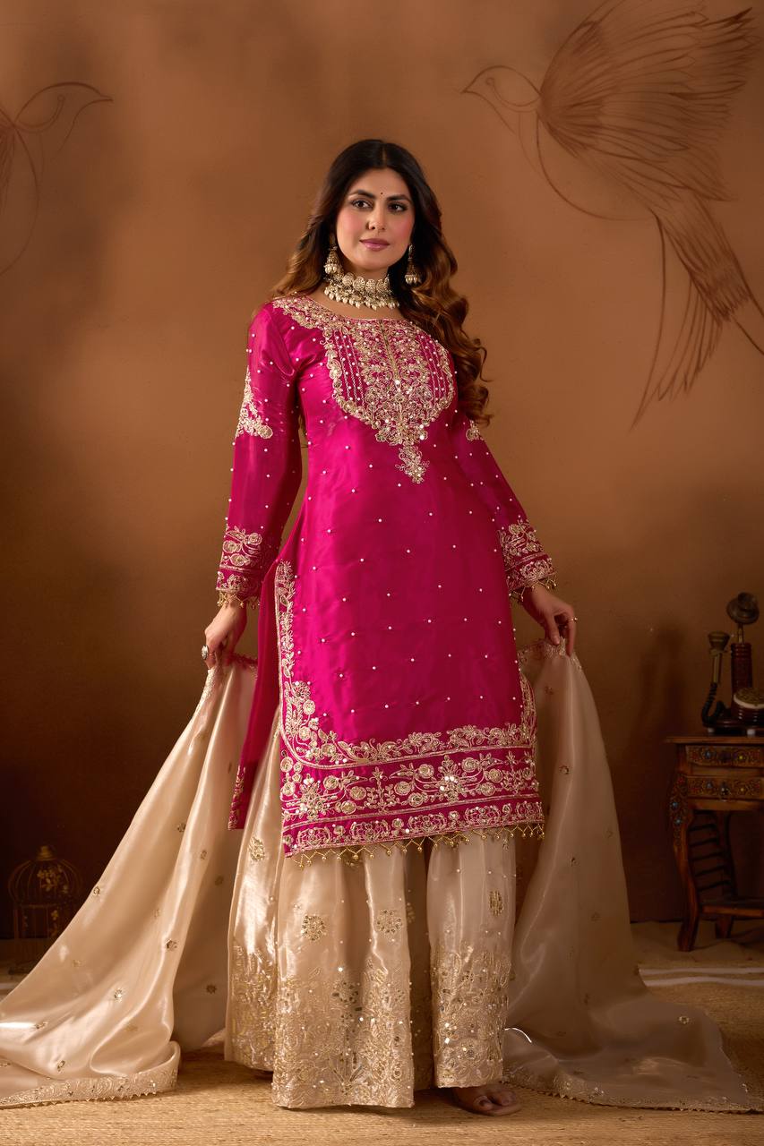 Prazu Fashion Pink Silk Embroidered Coding With Rivet Moti Work Palazzo Suit - Distacart