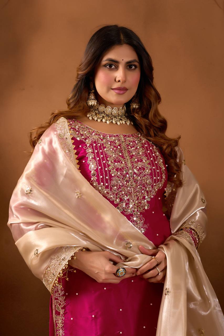 Prazu Fashion Pink Silk Embroidered Coding With Rivet Moti Work Palazzo Suit - Distacart
