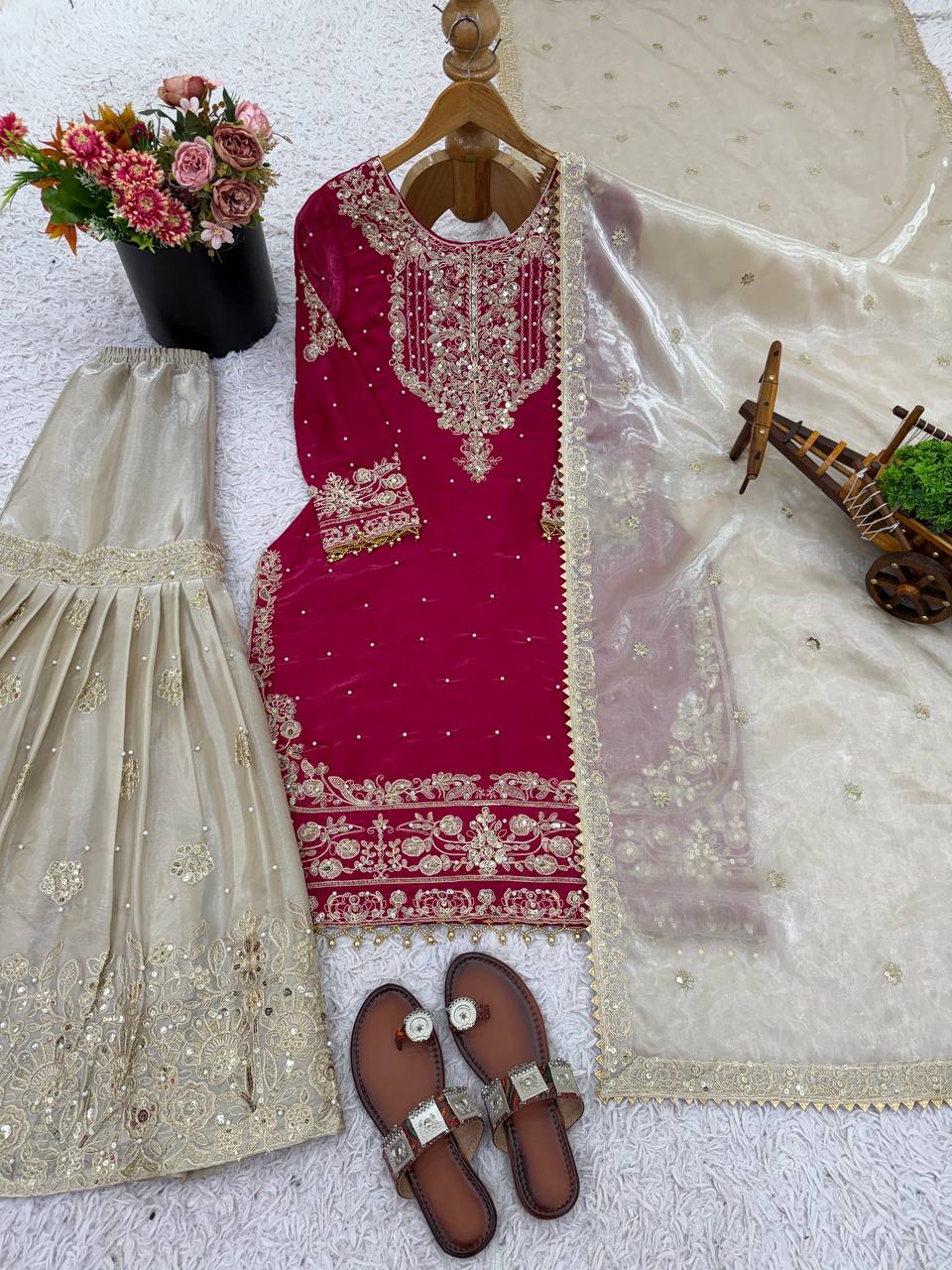 Prazu Fashion Pink Silk Embroidered Coding With Rivet Moti Work Palazzo Suit - Distacart