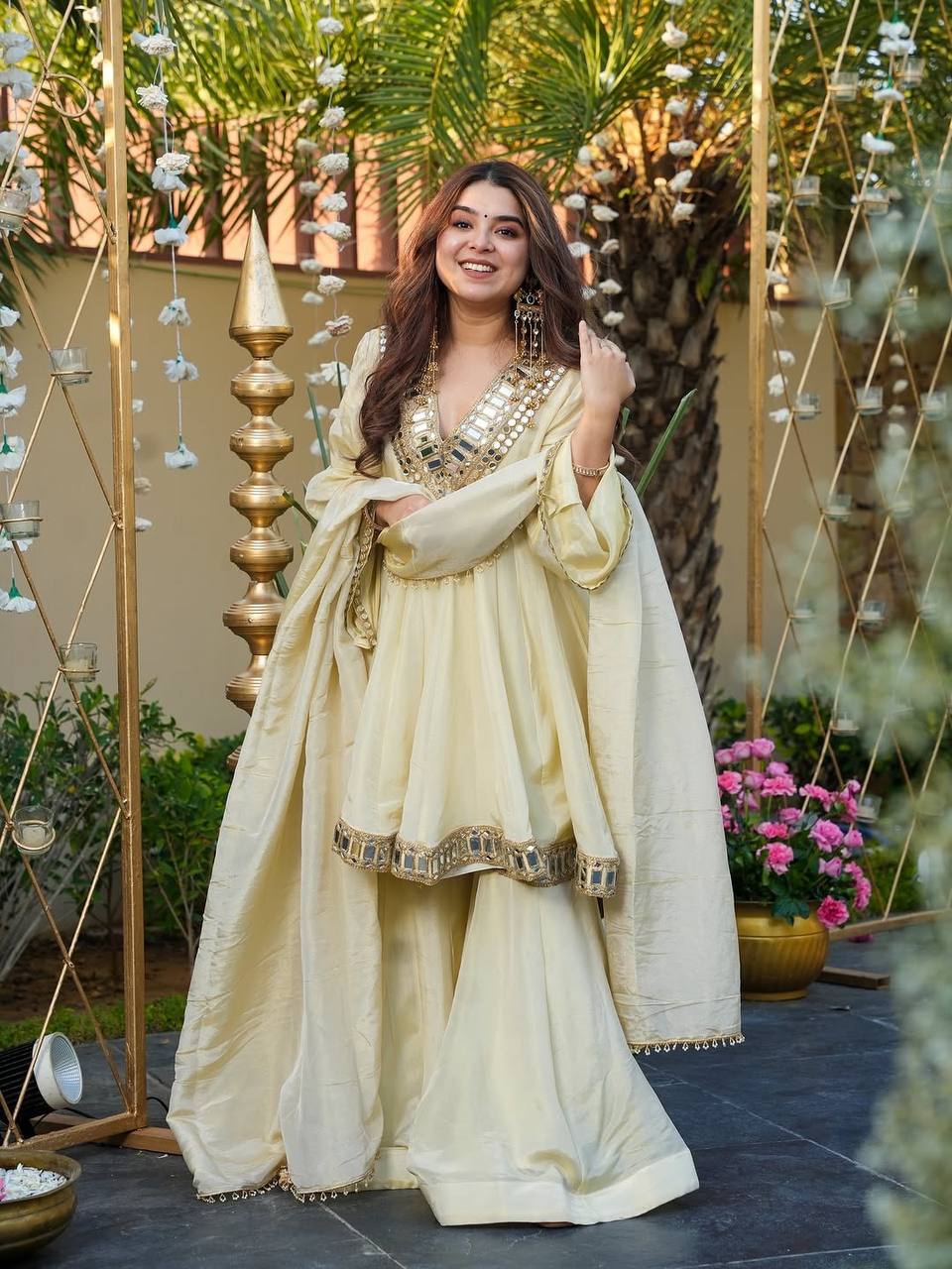 Prazu Fashion Off White Cosmos Zari Silk Thread Mirror Work Palazzo Suit - Distacart