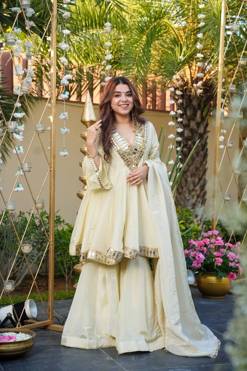 Prazu Fashion Off White Cosmos Zari Silk Thread Mirror Work Palazzo Suit - Distacart