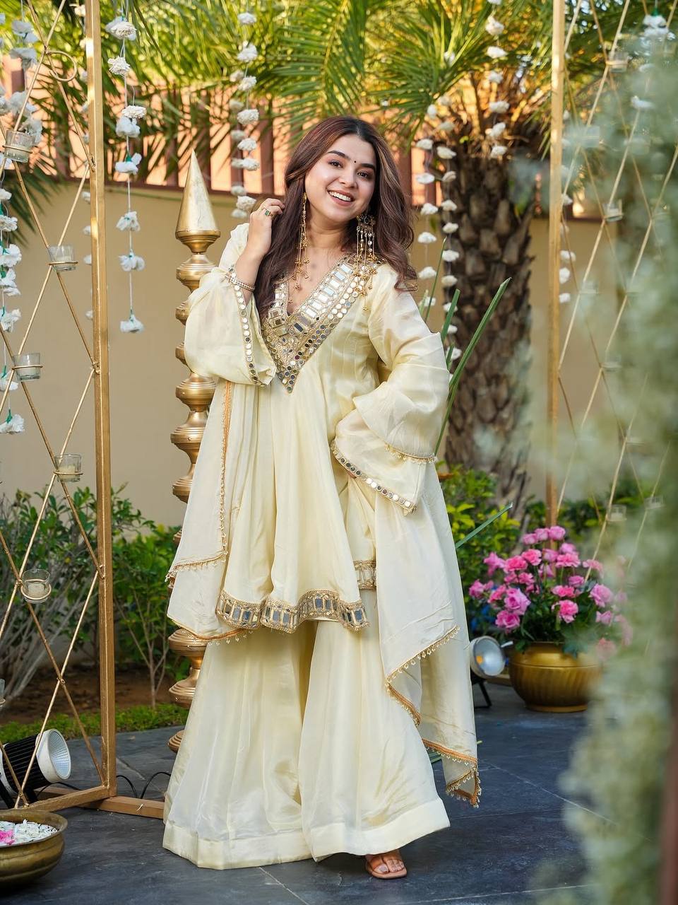 Prazu Fashion Off White Cosmos Zari Silk Thread Mirror Work Palazzo Suit - Distacart