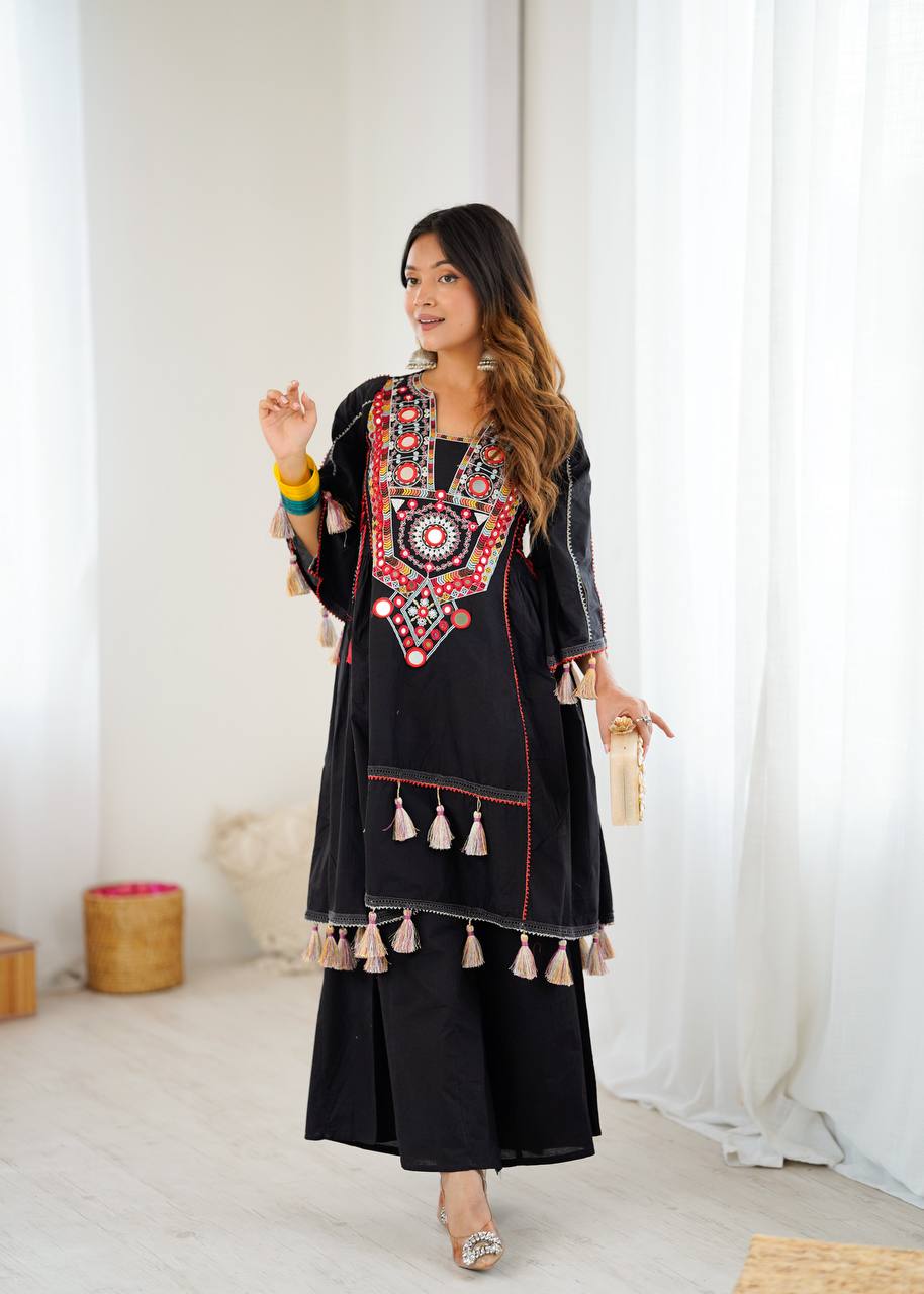 Prazu Fashion Black Khadi Cotton Embroidered Mirror Work Palazzo Suit