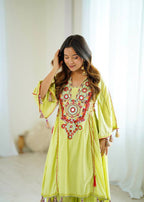 Prazu Fashion Lime Green Khadi Cotton Embroidered Mirror Work Palazzo Suit