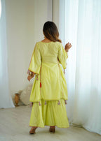 Prazu Fashion Lime Green Khadi Cotton Embroidered Mirror Work Palazzo Suit