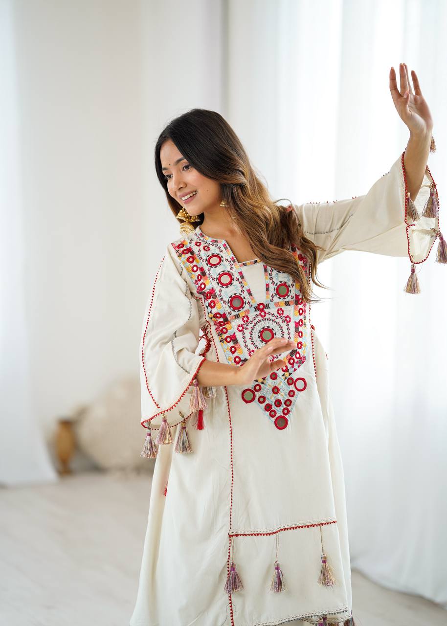 Prazu Fashion White Khadi Cotton Embroidered Mirror Work Palazzo Suit