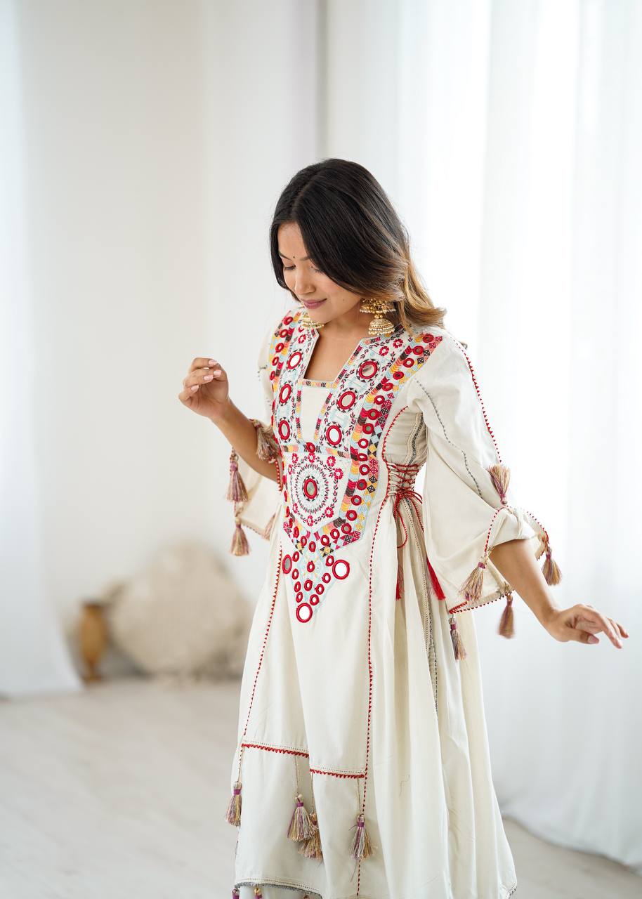 Prazu Fashion White Khadi Cotton Embroidered Mirror Work Palazzo Suit