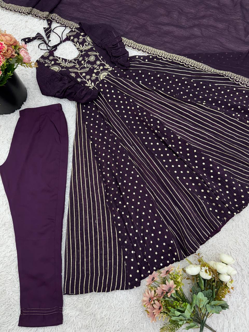 Prazu Fashion Dark Purple Crunchy Silk Embroidered Sequence Anarkali Gown - Distacart