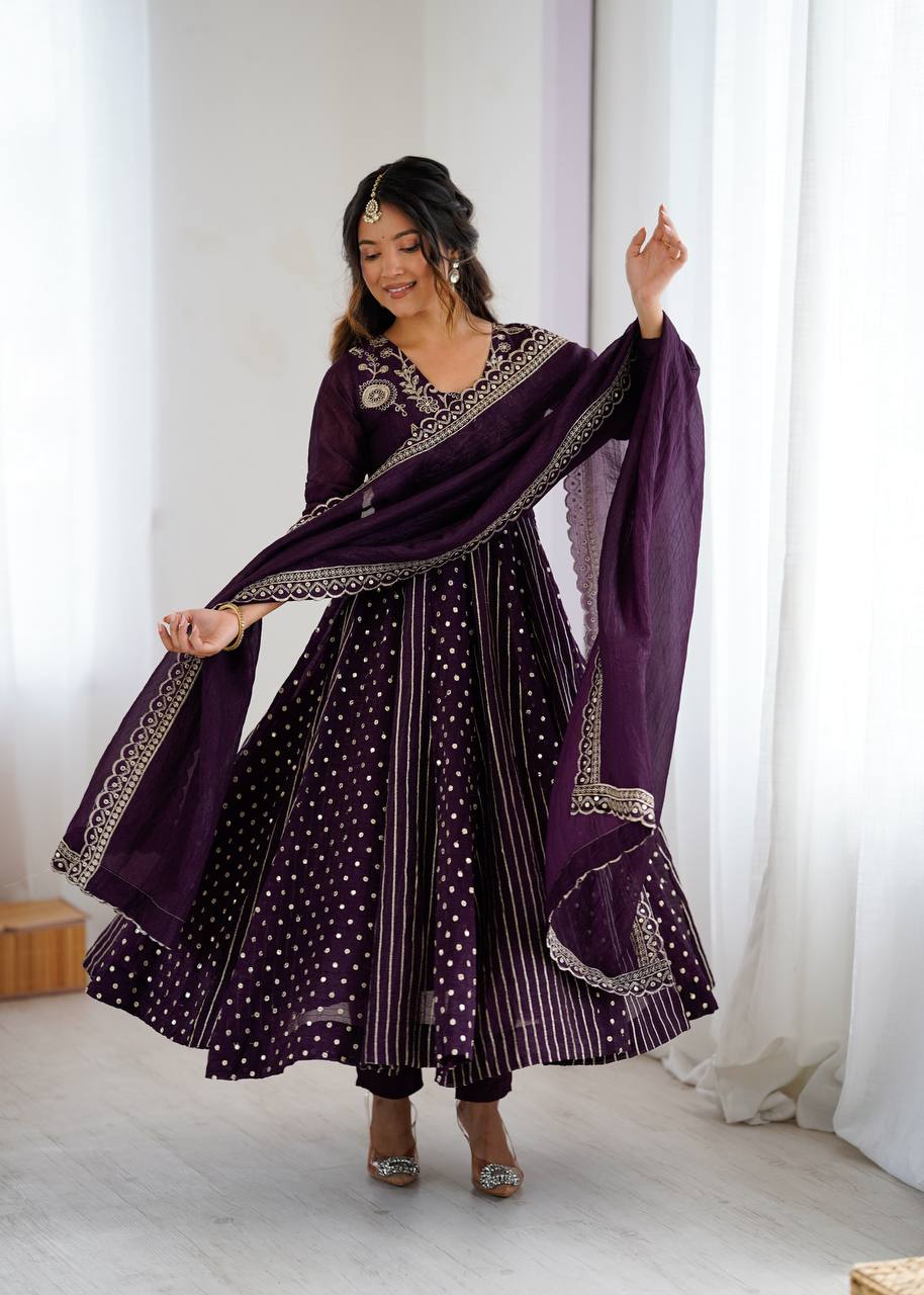 Prazu Fashion Dark Purple Crunchy Silk Embroidered Sequence Anarkali Gown - Distacart