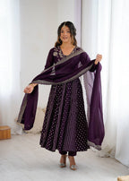 Prazu Fashion Dark Purple Crunchy Silk Embroidered Sequence Anarkali Gown - Distacart
