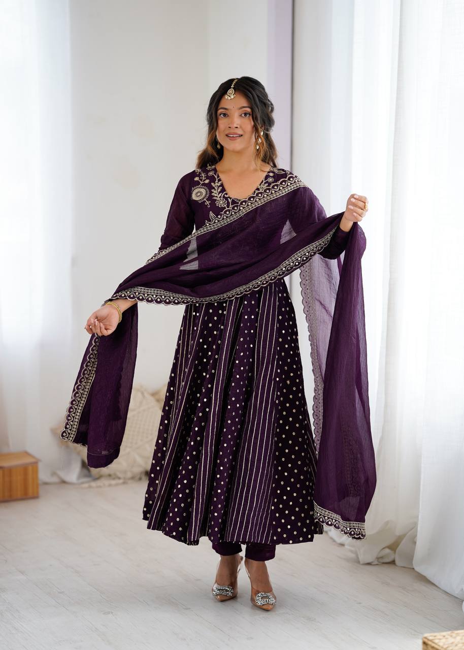 Prazu Fashion Dark Purple Crunchy Silk Embroidered Sequence Anarkali Gown - Distacart