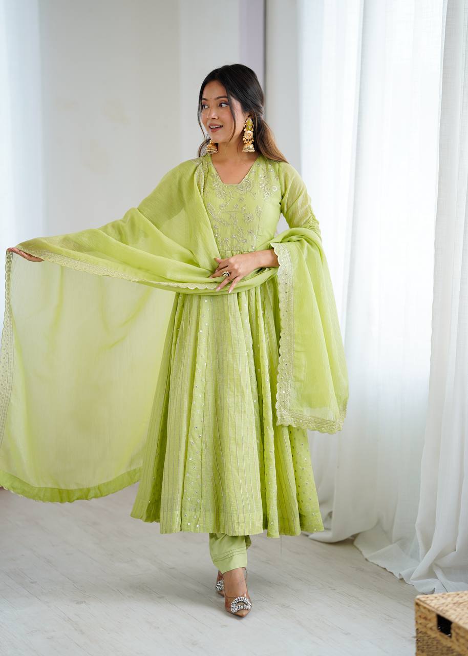 Prazu Fashion Lime Green Crunchy Silk Embroidered Sequence Anarkali Gown - Distacart