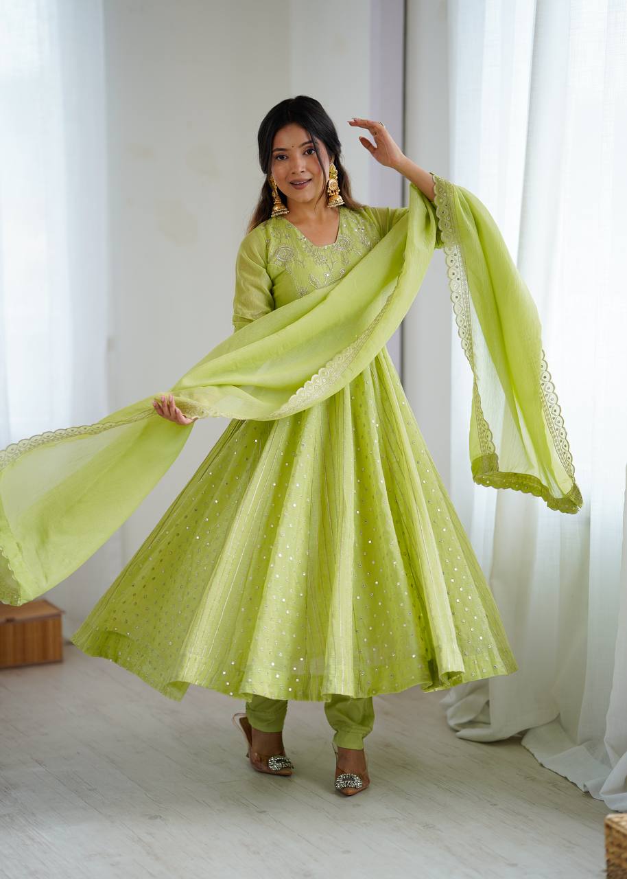Prazu Fashion Lime Green Crunchy Silk Embroidered Sequence Anarkali Gown - Distacart