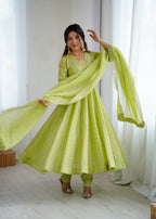 Prazu Fashion Lime Green Crunchy Silk Embroidered Sequence Anarkali Gown - Distacart