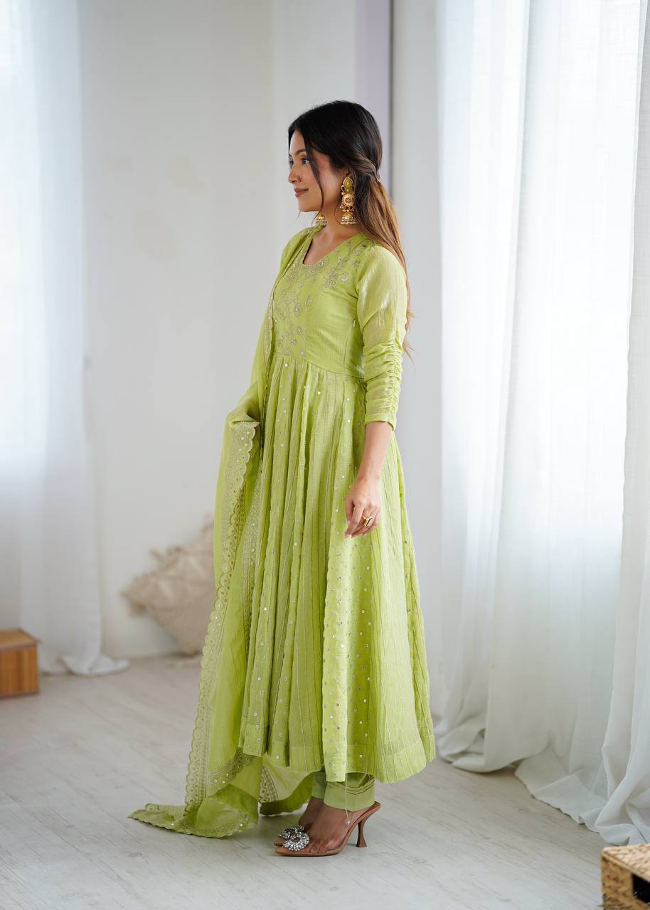 Prazu Fashion Lime Green Crunchy Silk Embroidered Sequence Anarkali Gown - Distacart