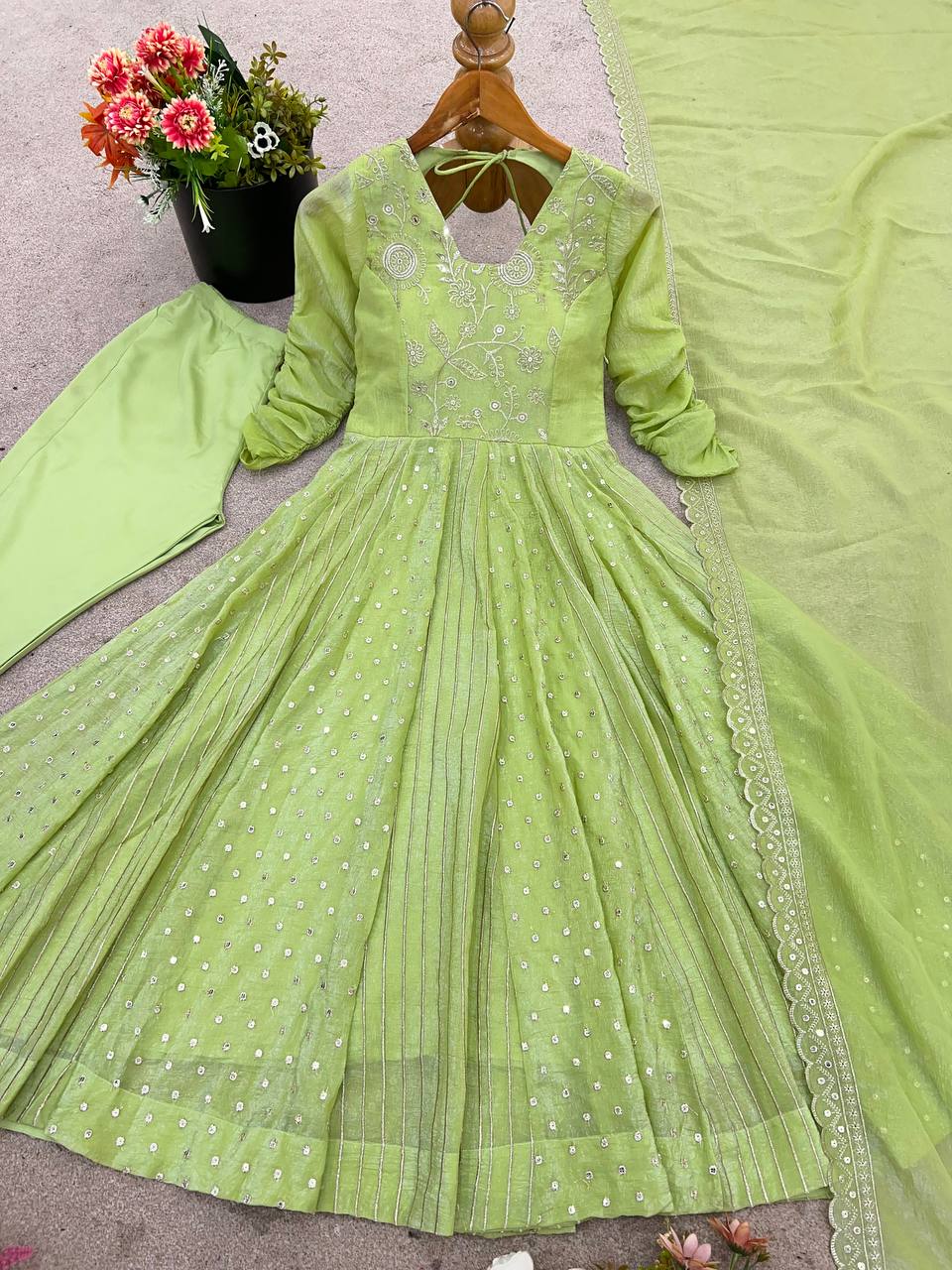 Prazu Fashion Lime Green Crunchy Silk Embroidered Sequence Anarkali Gown - Distacart