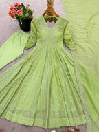 Prazu Fashion Lime Green Crunchy Silk Embroidered Sequence Anarkali Gown - Distacart