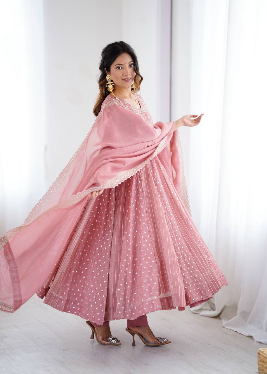 Prazu Fashion Onion Pink Crunchy Silk Embroidered Sequence Anarkali Gown - Distacart