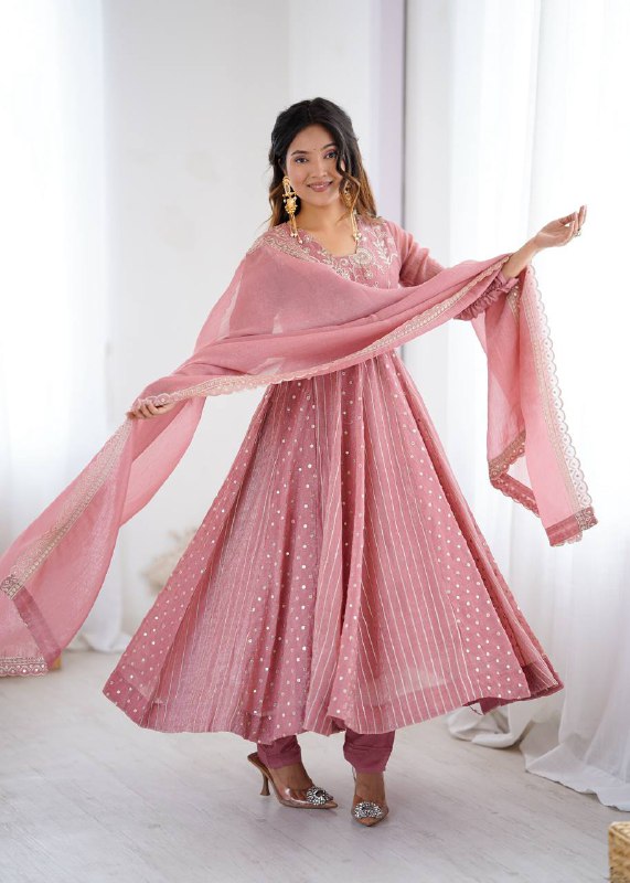 Prazu Fashion Onion Pink Crunchy Silk Embroidered Sequence Anarkali Gown - Distacart
