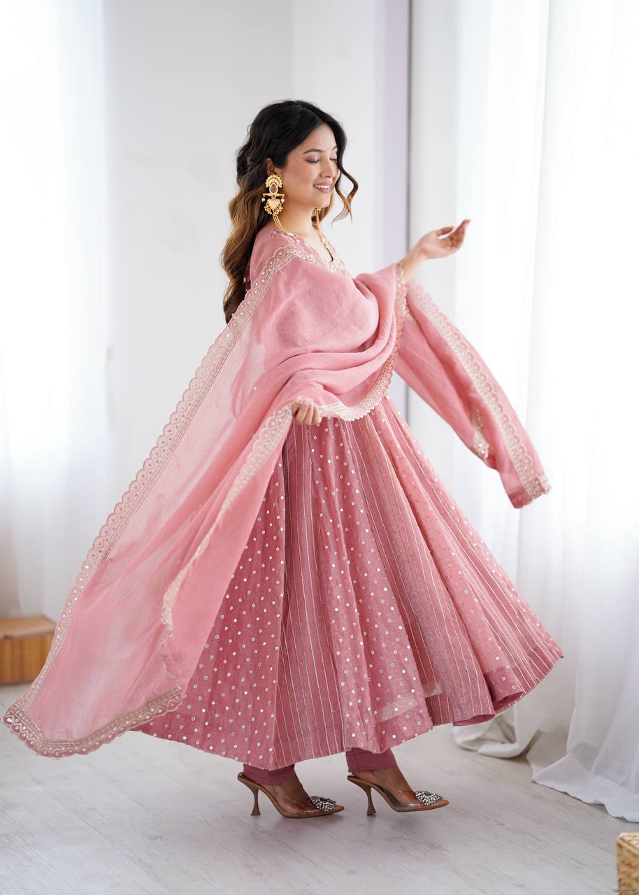 Prazu Fashion Onion Pink Crunchy Silk Embroidered Sequence Anarkali Gown - Distacart