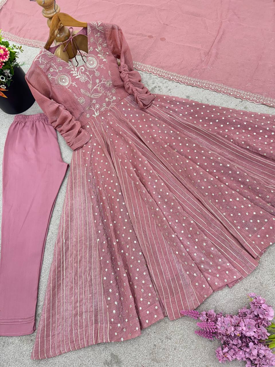 Prazu Fashion Onion Pink Crunchy Silk Embroidered Sequence Anarkali Gown - Distacart