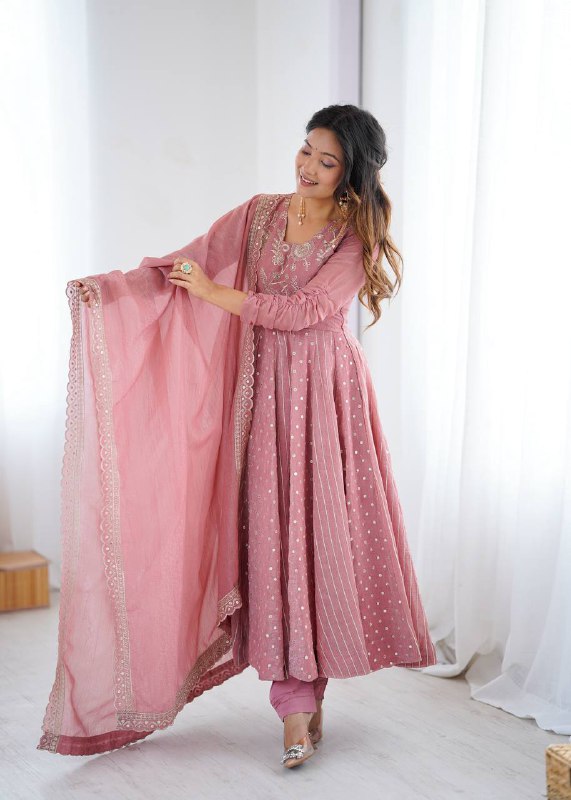 Prazu Fashion Onion Pink Crunchy Silk Embroidered Sequence Anarkali Gown - Distacart
