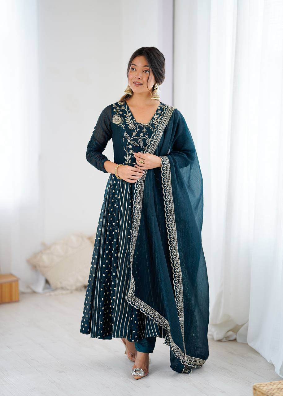 Prazu Fashion Rama Crunchy Silk Embroidered Sequence Anarkali Gown - Distacart