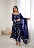 Prazu Fashion Blue Georgette Embroidered Designer Anarkali Gown - Distacart