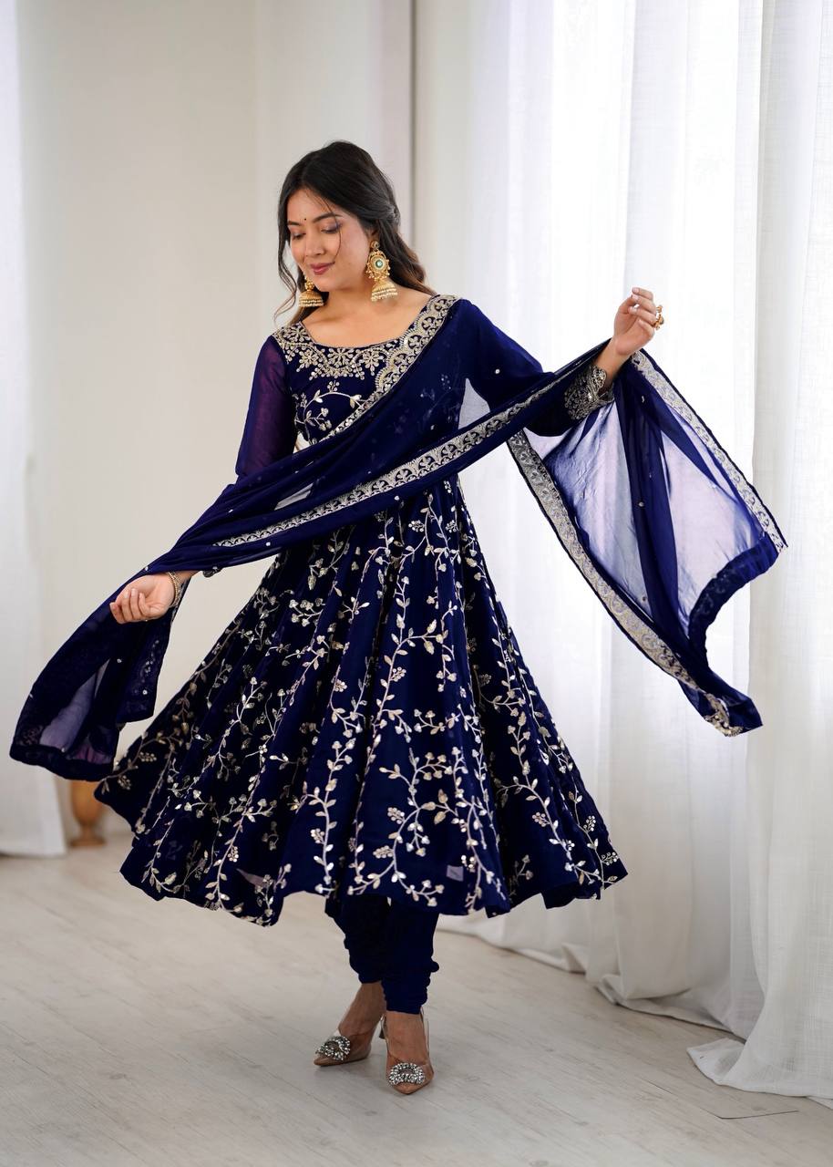 Prazu Fashion Blue Georgette Embroidered Designer Anarkali Gown - Distacart