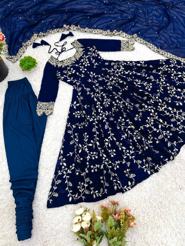 Prazu Fashion Blue Georgette Embroidered Designer Anarkali Gown - Distacart