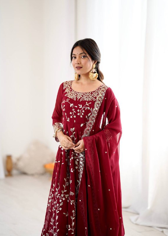 Prazu Fashion Maroon Georgette Embroidered Designer Anarkali Gown - Distacart