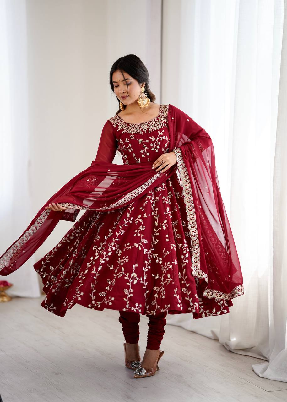 Prazu Fashion Maroon Georgette Embroidered Designer Anarkali Gown - Distacart