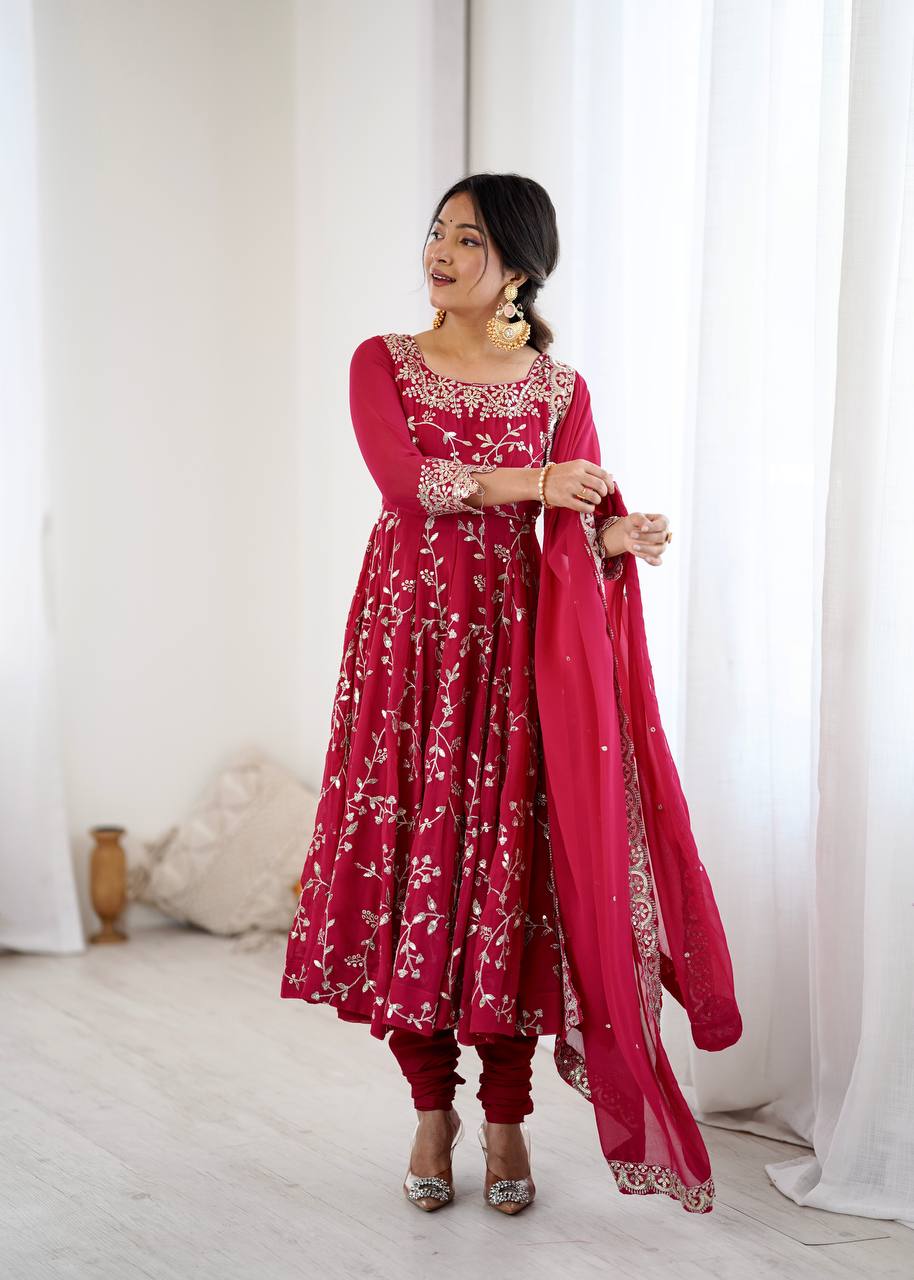 Prazu Fashion Pink Georgette Embroidered Designer Anarkali Gown - Distacart