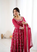 Prazu Fashion Pink Georgette Embroidered Designer Anarkali Gown - Distacart