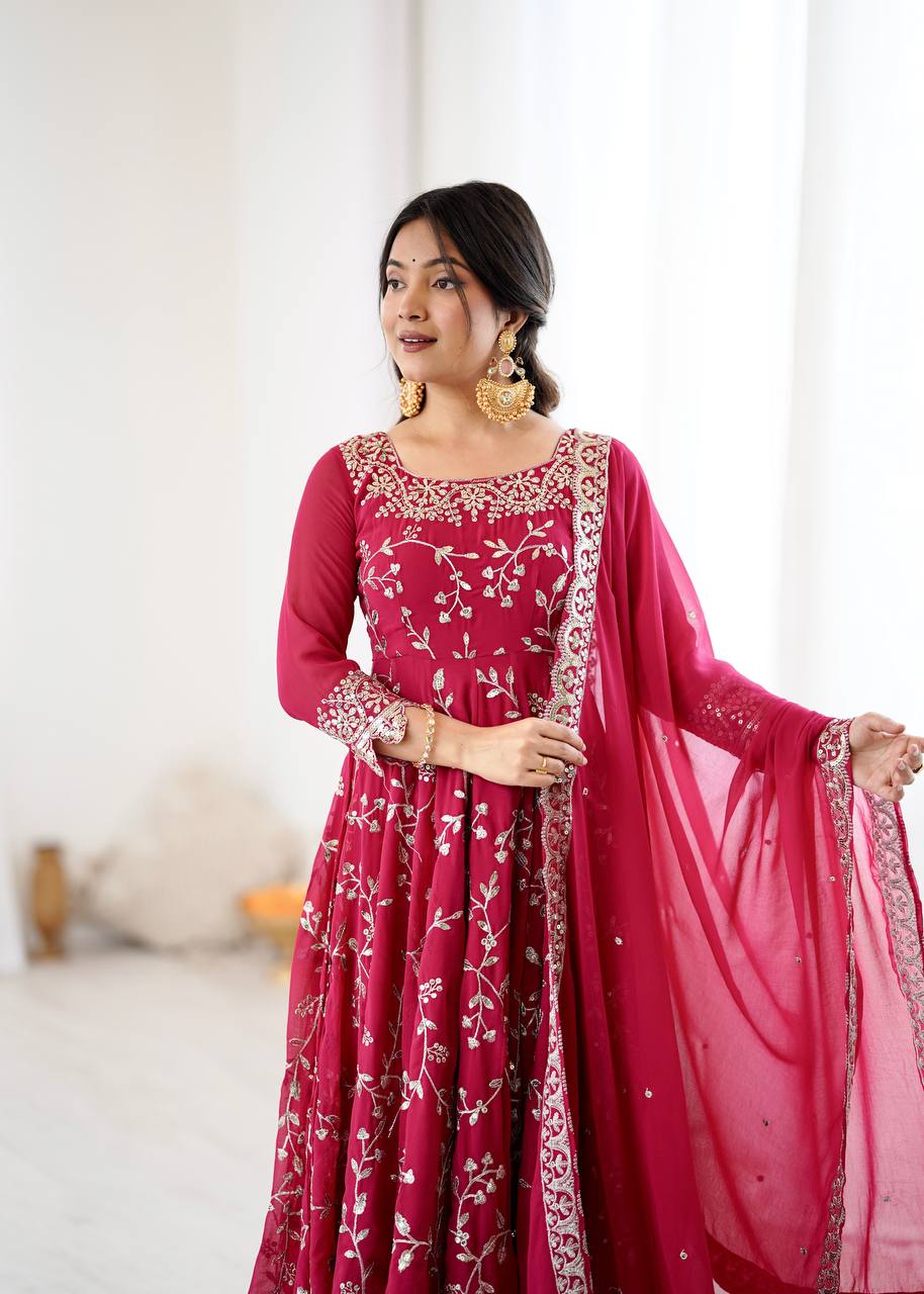 Prazu Fashion Pink Georgette Embroidered Designer Anarkali Gown - Distacart