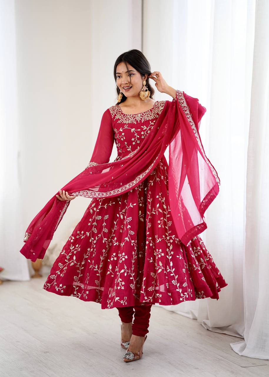 Prazu Fashion Pink Georgette Embroidered Designer Anarkali Gown - Distacart