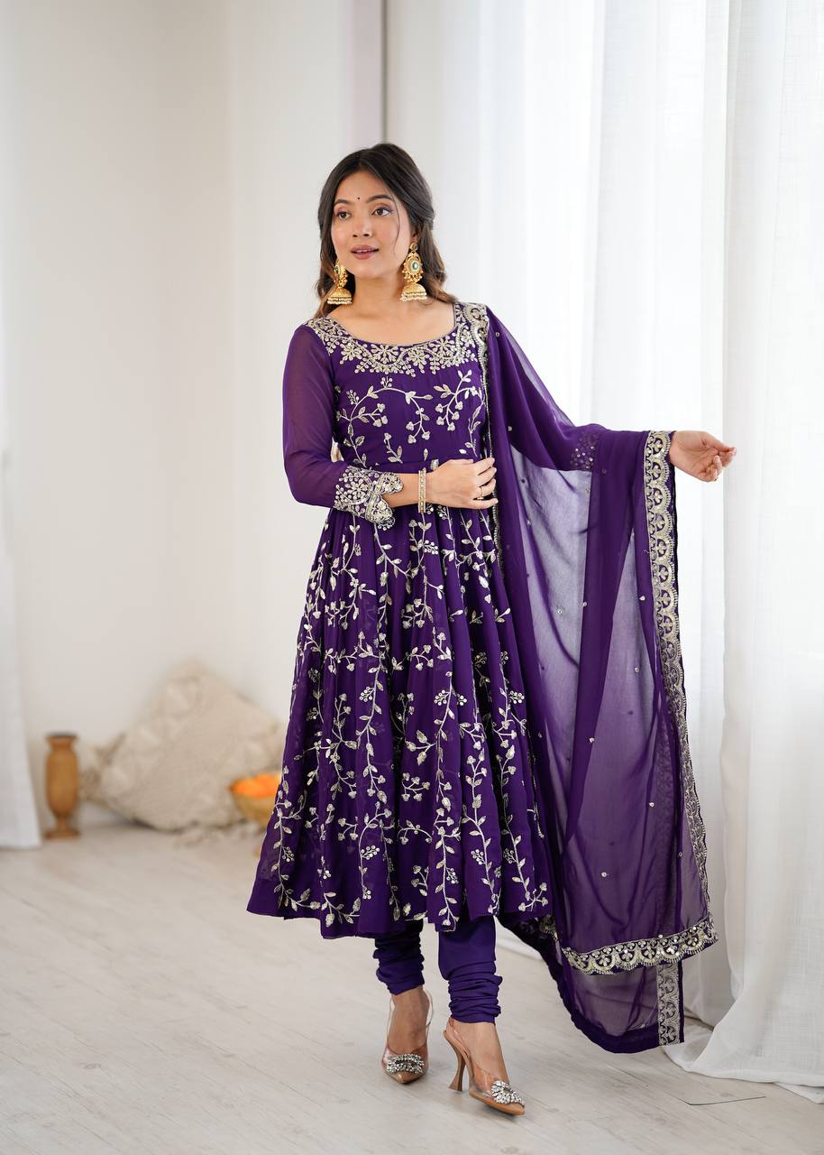 Prazu Fashion Violet Georgette Embroidered Designer Anarkali Gown - Distacart