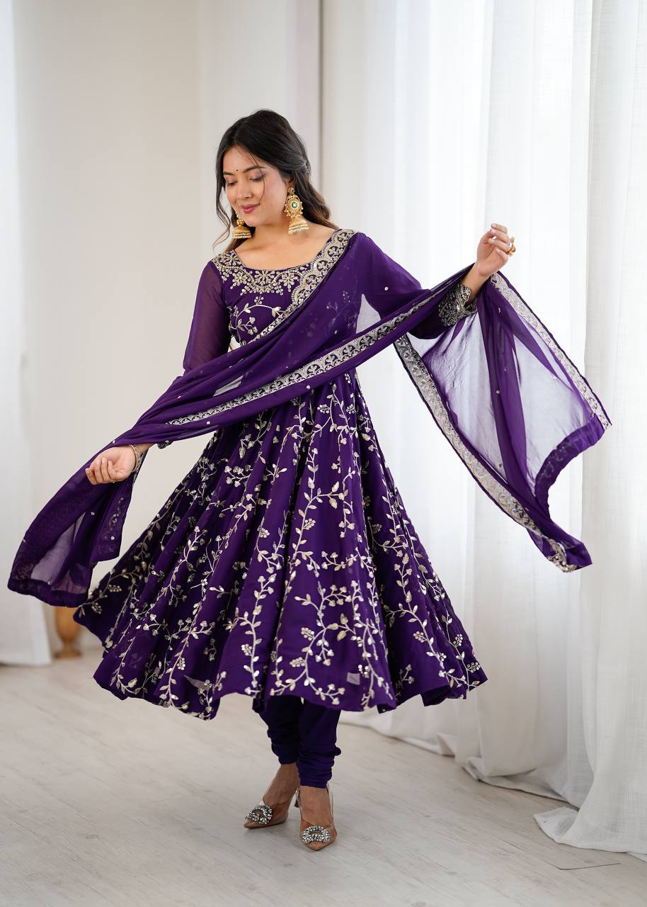 Prazu Fashion Violet Georgette Embroidered Designer Anarkali Gown - Distacart