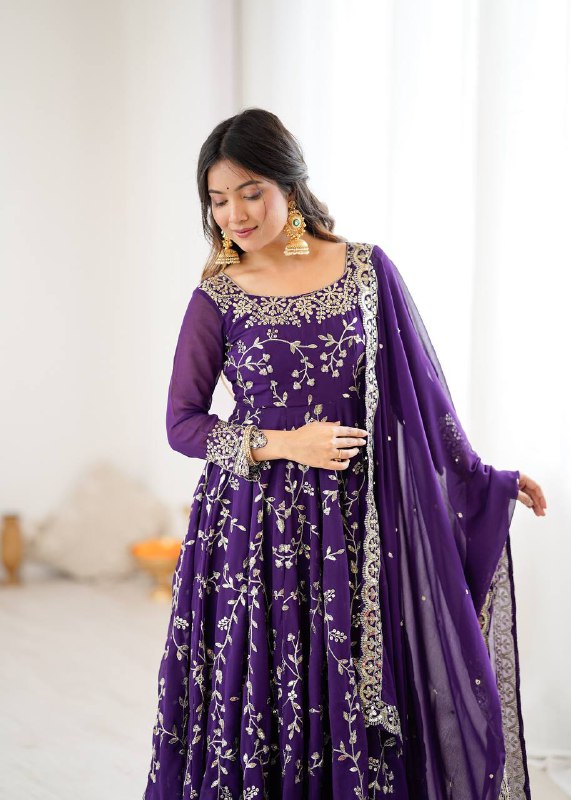 Prazu Fashion Violet Georgette Embroidered Designer Anarkali Gown - Distacart