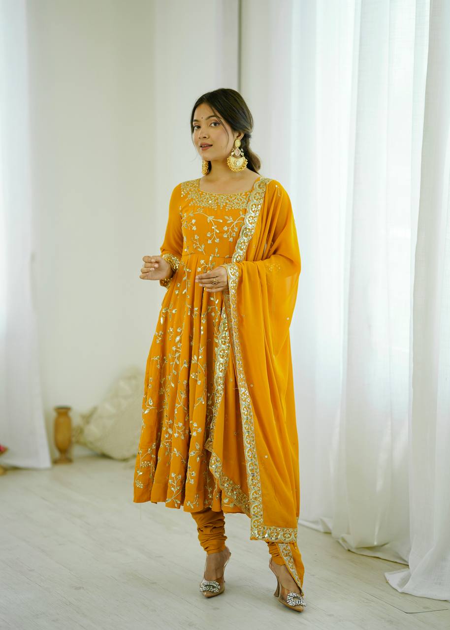 Prazu Fashion Yellow Georgette Embroidered Designer Anarkali Gown - Distacart