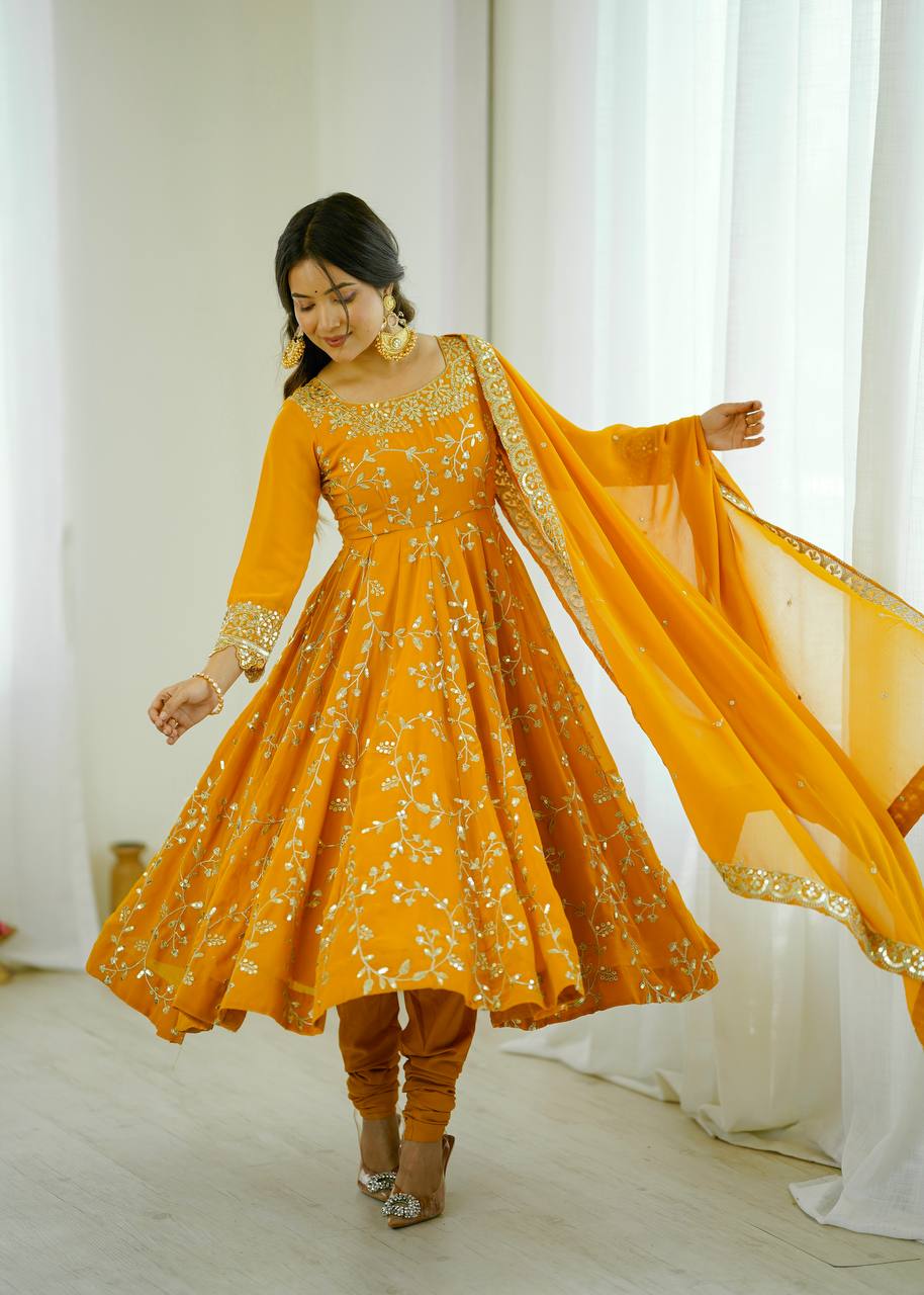 Prazu Fashion Yellow Georgette Embroidered Designer Anarkali Gown - Distacart