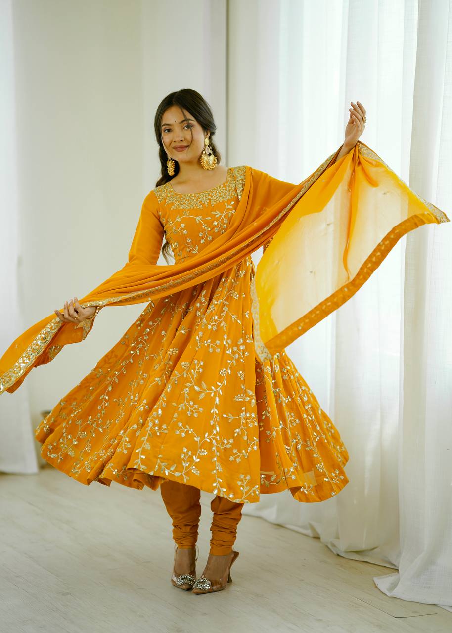Prazu Fashion Yellow Georgette Embroidered Designer Anarkali Gown - Distacart