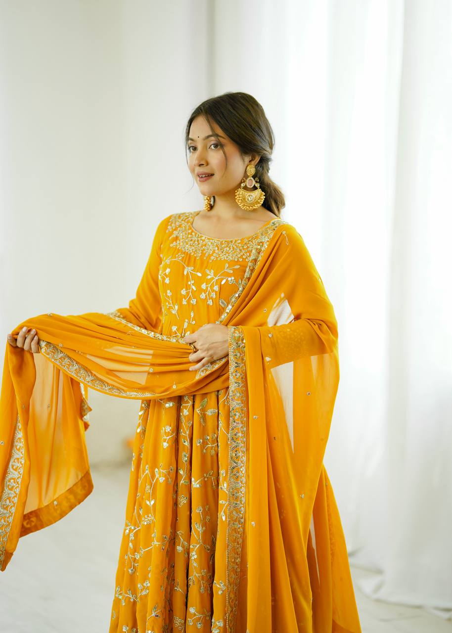 Prazu Fashion Yellow Georgette Embroidered Designer Anarkali Gown - Distacart