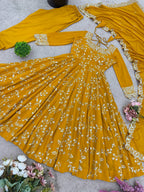 Prazu Fashion Yellow Georgette Embroidered Designer Anarkali Gown - Distacart