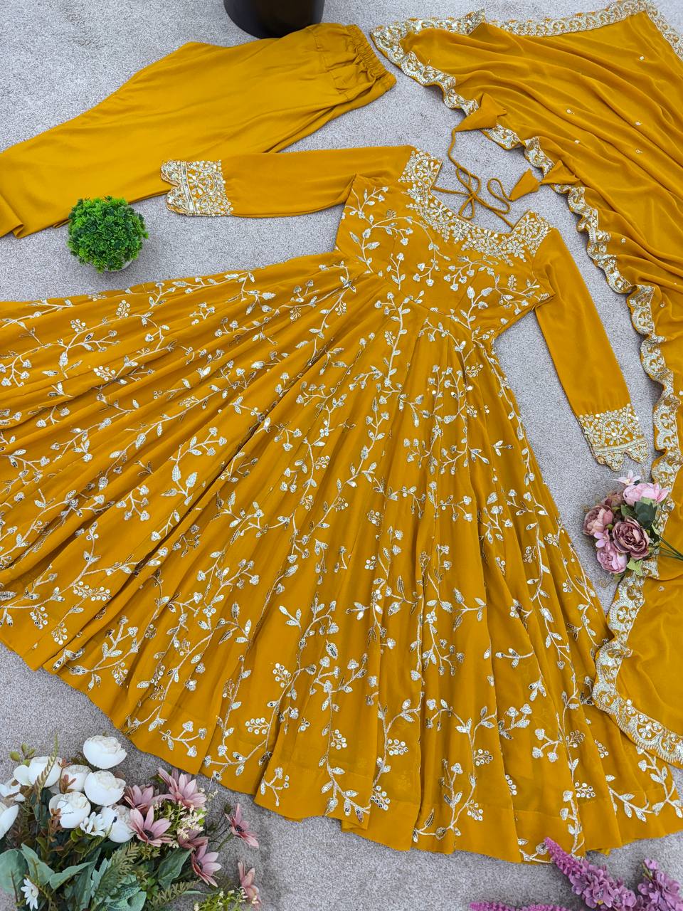 Prazu Fashion Yellow Georgette Embroidered Designer Anarkali Gown - Distacart